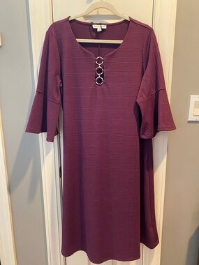 Charming Plum Bell-Sleeve Dress with Ring Detail